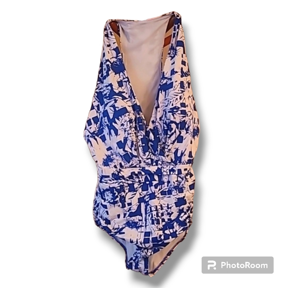 Sunseeker Blue and White Racer Back One Piece Swimsuit